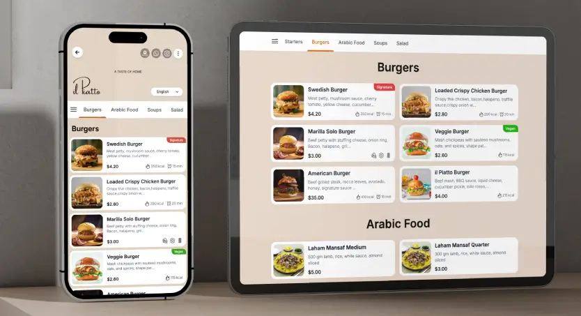 Digital restaurant menu by TableQR on phone and tablet showing burger options with images, prices and categories.