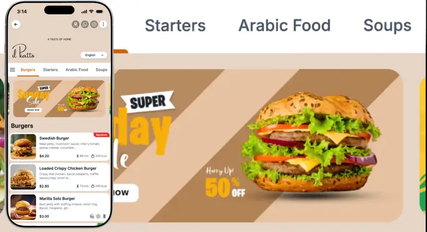 Digital menu on phone showing burger items beside a promo banner with a large burger and a 50 percent discount offer.