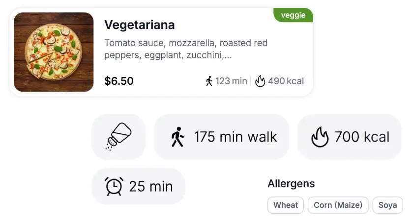 TableQR menu showing a Vegetariana pizza with calories, nutrition info, walk time and allergen tags for wheat, corn and soya.