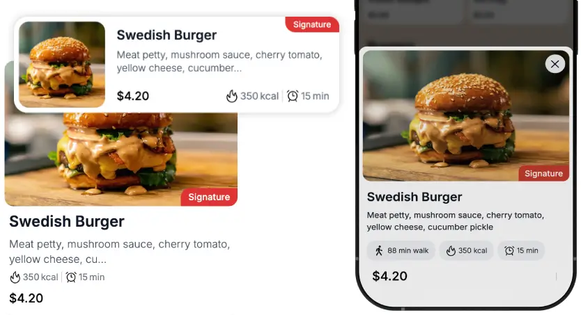 Digital menu showing a Swedish Burger with sesame bun, cheese and veggies on desktop and mobile views.
