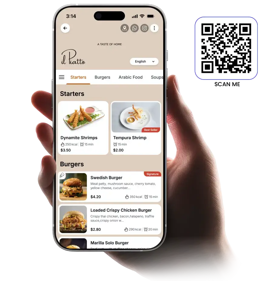 Hand holding a smartphone displaying a digital restaurant menu by TableQR with starters and burgers, next to a QR code for quick menu access.
