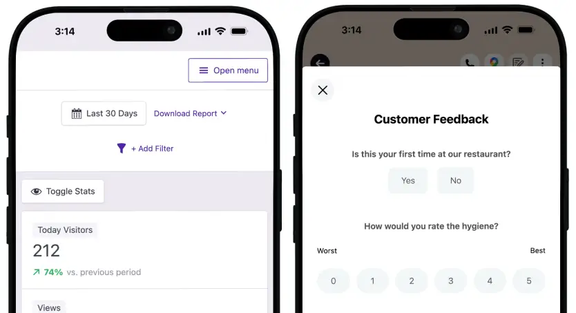 TableQR dashboard on phone showing visitor stats beside a customer feedback screen with rating.