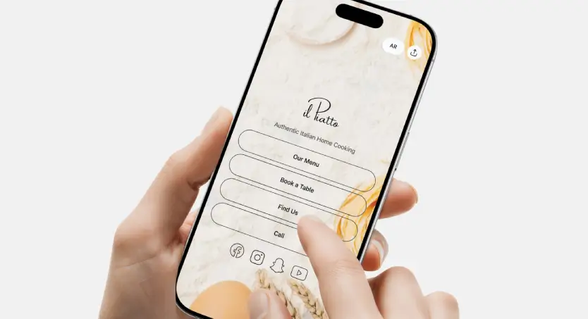 Phone screen showing a TableQR built in link in bio feature with menu access, table booking, location and call options.