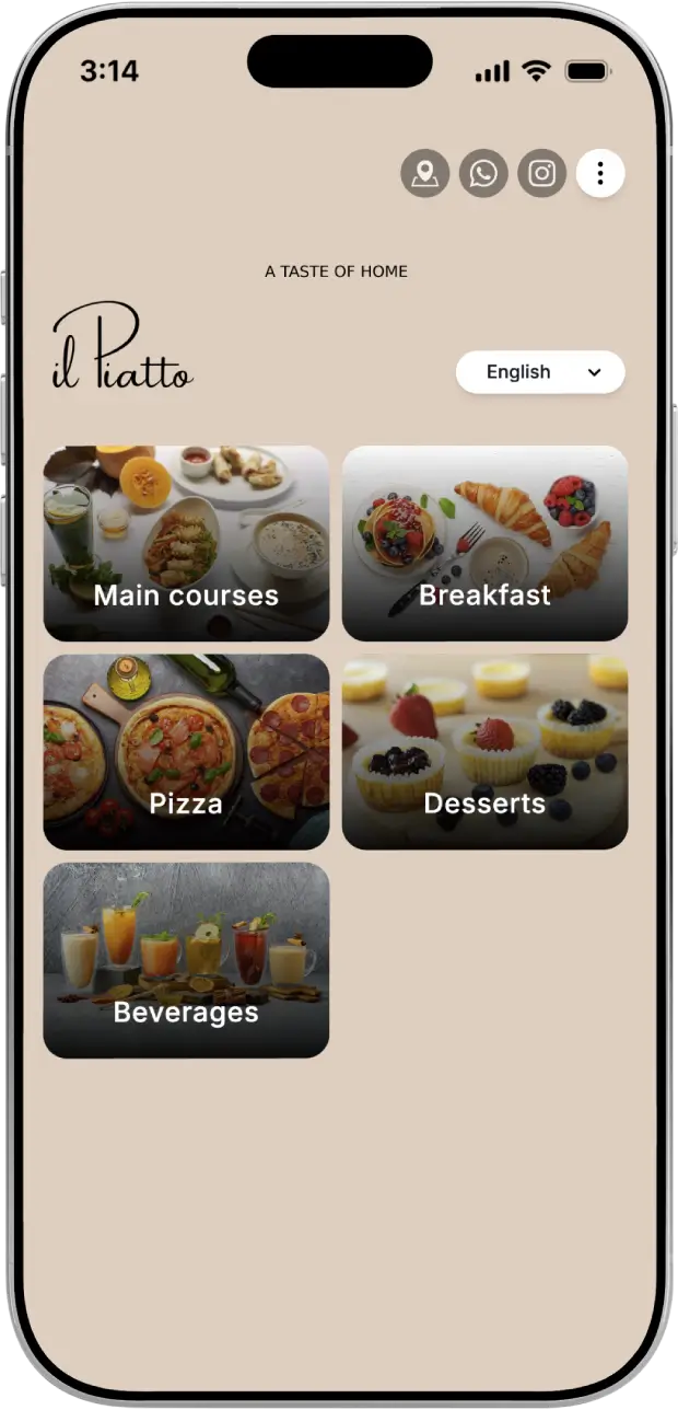 Mobile view of TableQR restaurant menu showing categories for main courses, breakfast, pizza, desserts and beverages with language selector and social icons