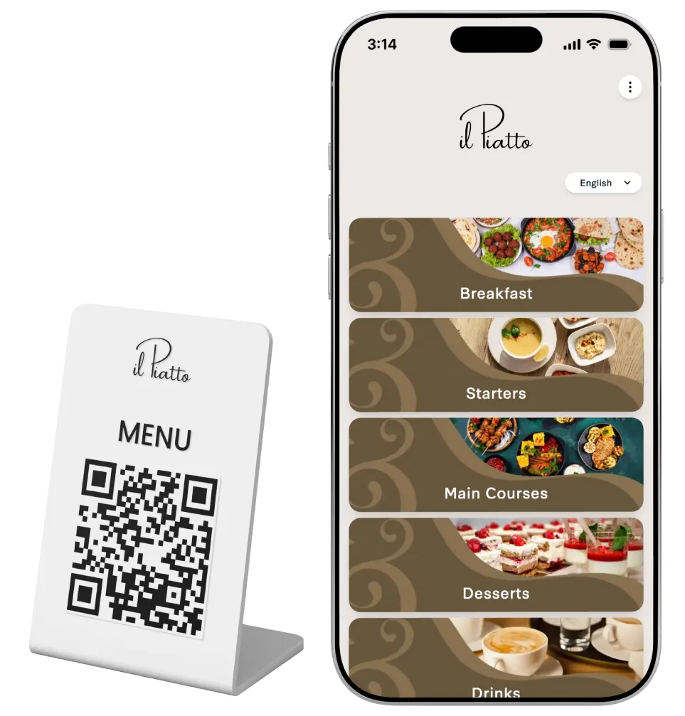 A digital QR menu displayed on a mobile screen and on a table QR stand for a restaurant in Saudi Arabia.