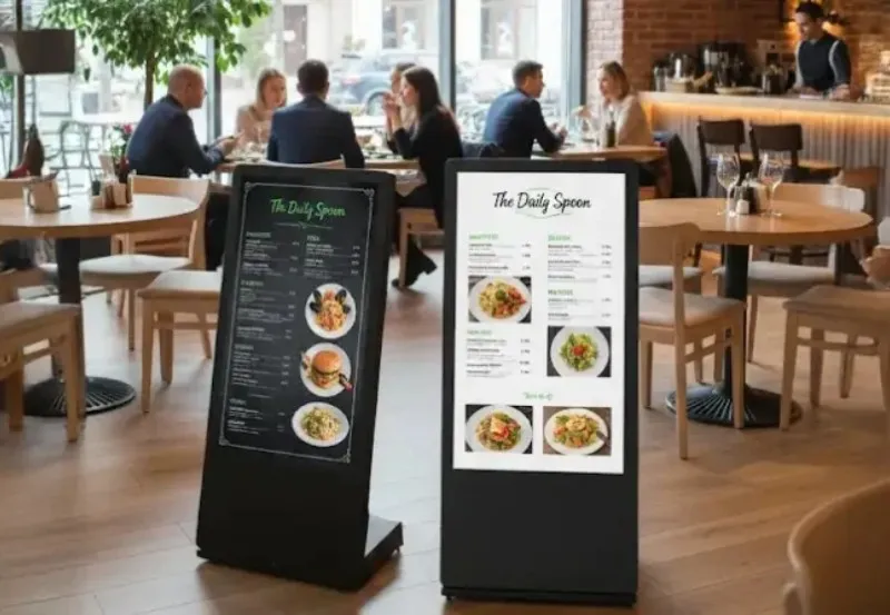 Digital menu boards and stand screens, near the counter.
