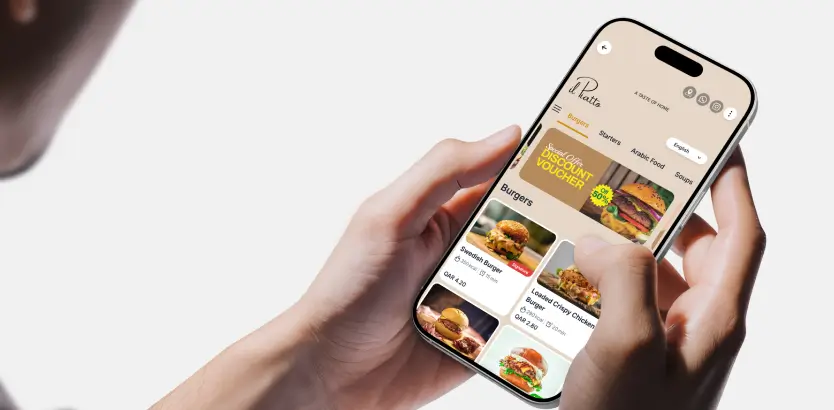 hands holding phone with digital menu in it and showing promo and offers by restuarant.