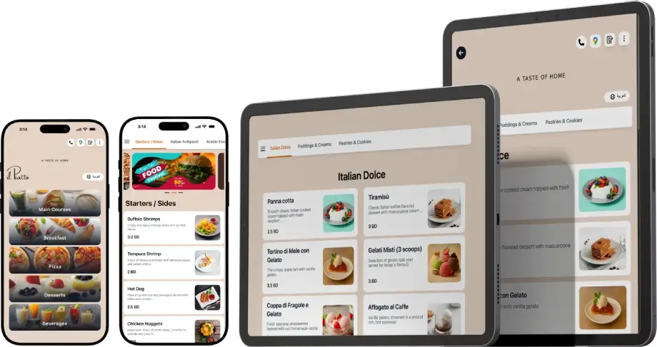 TableQR digital menu displayed on phones and tablets showing food categories, starters and Italian desserts in a modern layout.