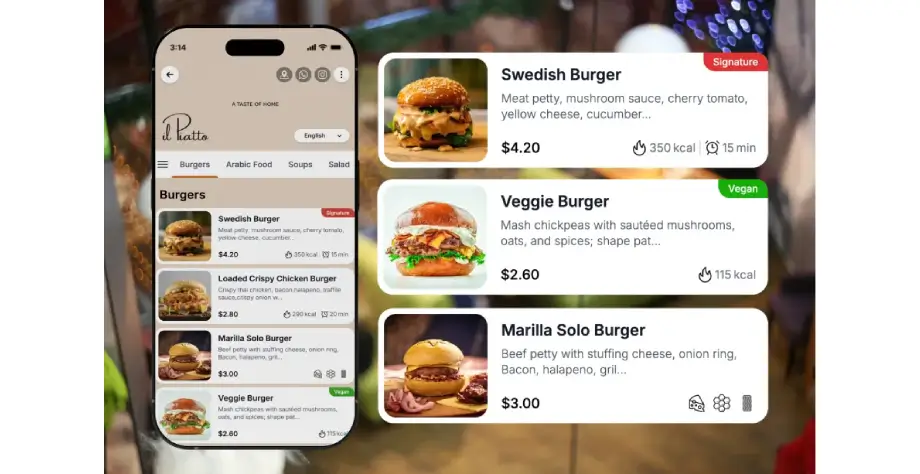 Mobile screen mockup showing a digital menu with photos prices calories and prep times for several burgers by TableQR