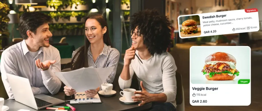 Group of young professionals in a cafe discussing qr code menu designed by TableQR with digital burger menu cards overlaid.