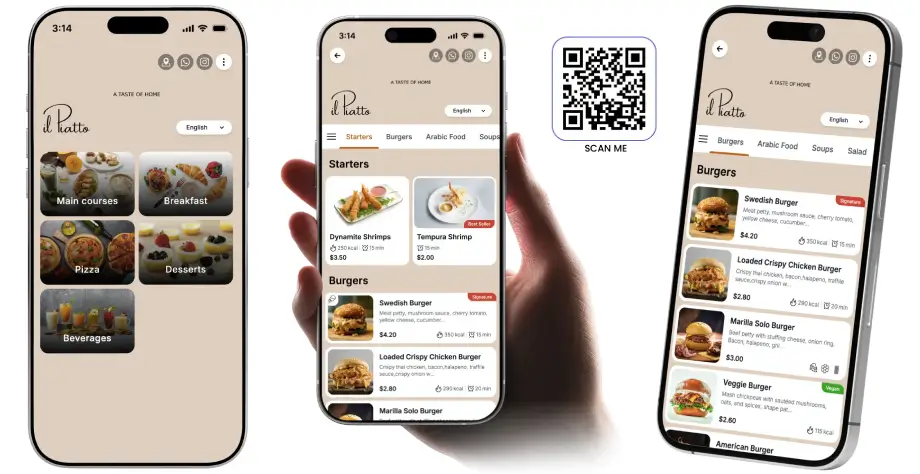 Three smartphones and a QR code displaying a full restaurant QR menu with food categories and dish photos designed by TableQR