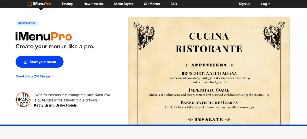 iMenuPro website desktop screenshot