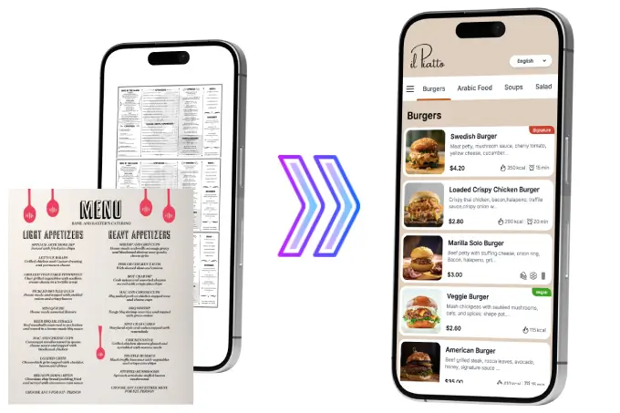 On left old pdf menu displaying on phone screen, on right size smart phone with interactive digital menu deisgned by tableqr.co