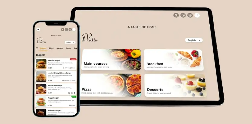 Mobile phone and tablet displaying digital qr code menu powered by tableqr.co