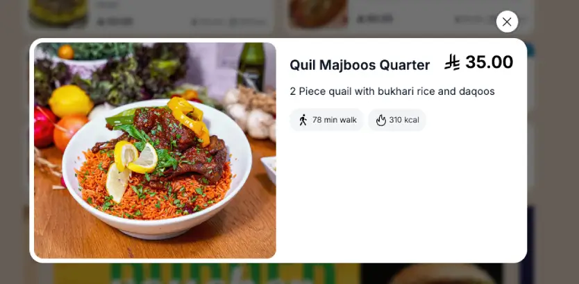 Digital Menu item with photos and price with nutritional info