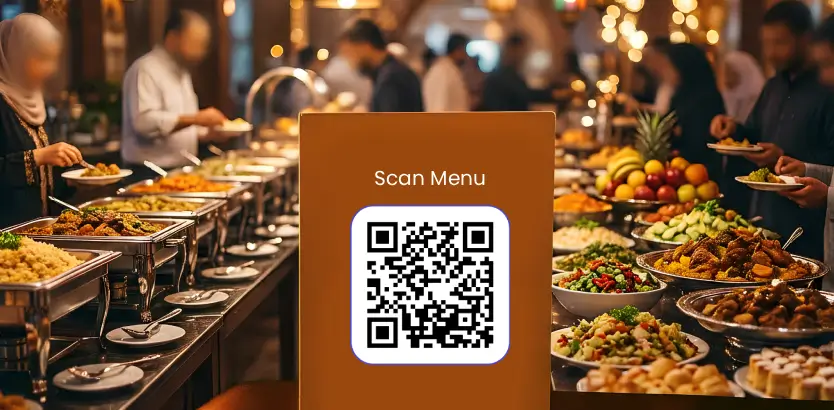 Ramandan Iftar Buffet people are sitting at the bottle, A Qr Code placed on the table by TableQR
