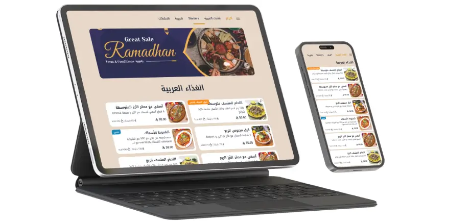 Ipad and iphone screens displayed ramadan qr code menu