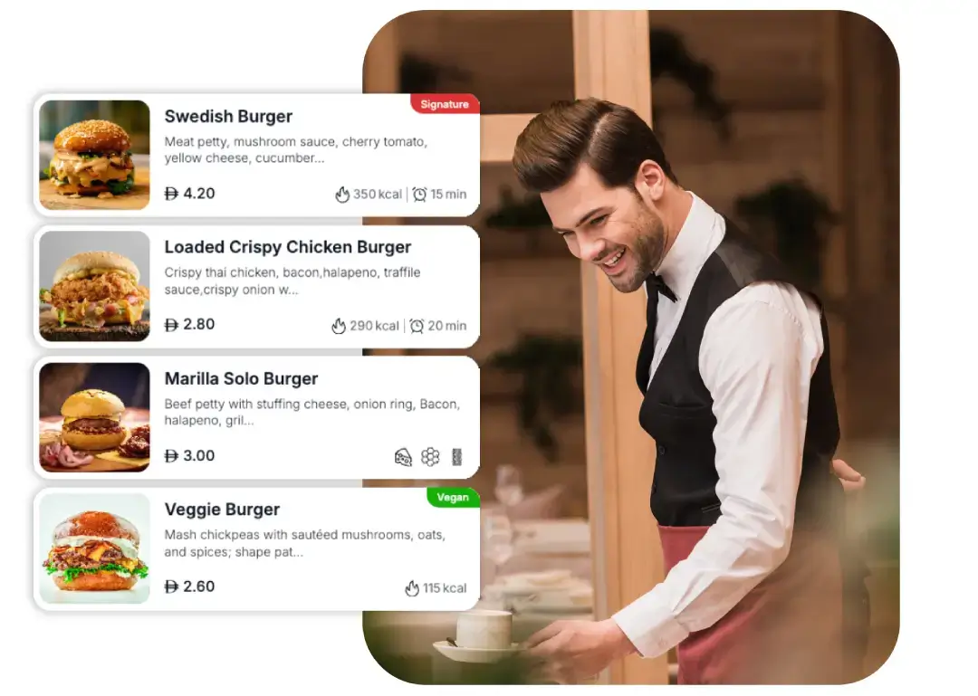 Waiter serving food in Dubai restaurant, the guests used TableQR digital menu.