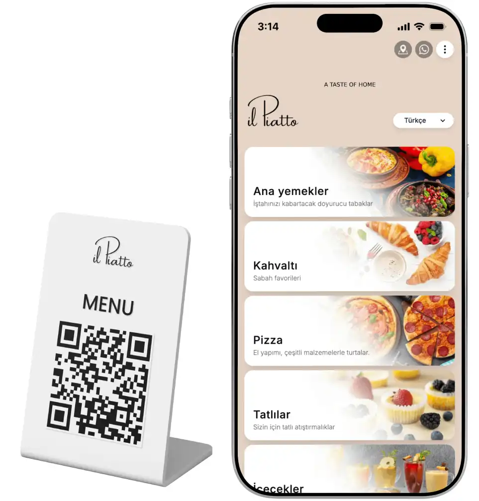 A digital QR menu displayed on a mobile screen and a table QR Code stand for a restaurant in Turkey.