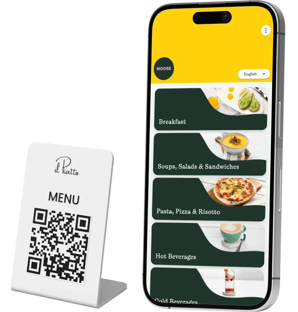 TableQR branded digital menu displayed on mobile and QR code stand.