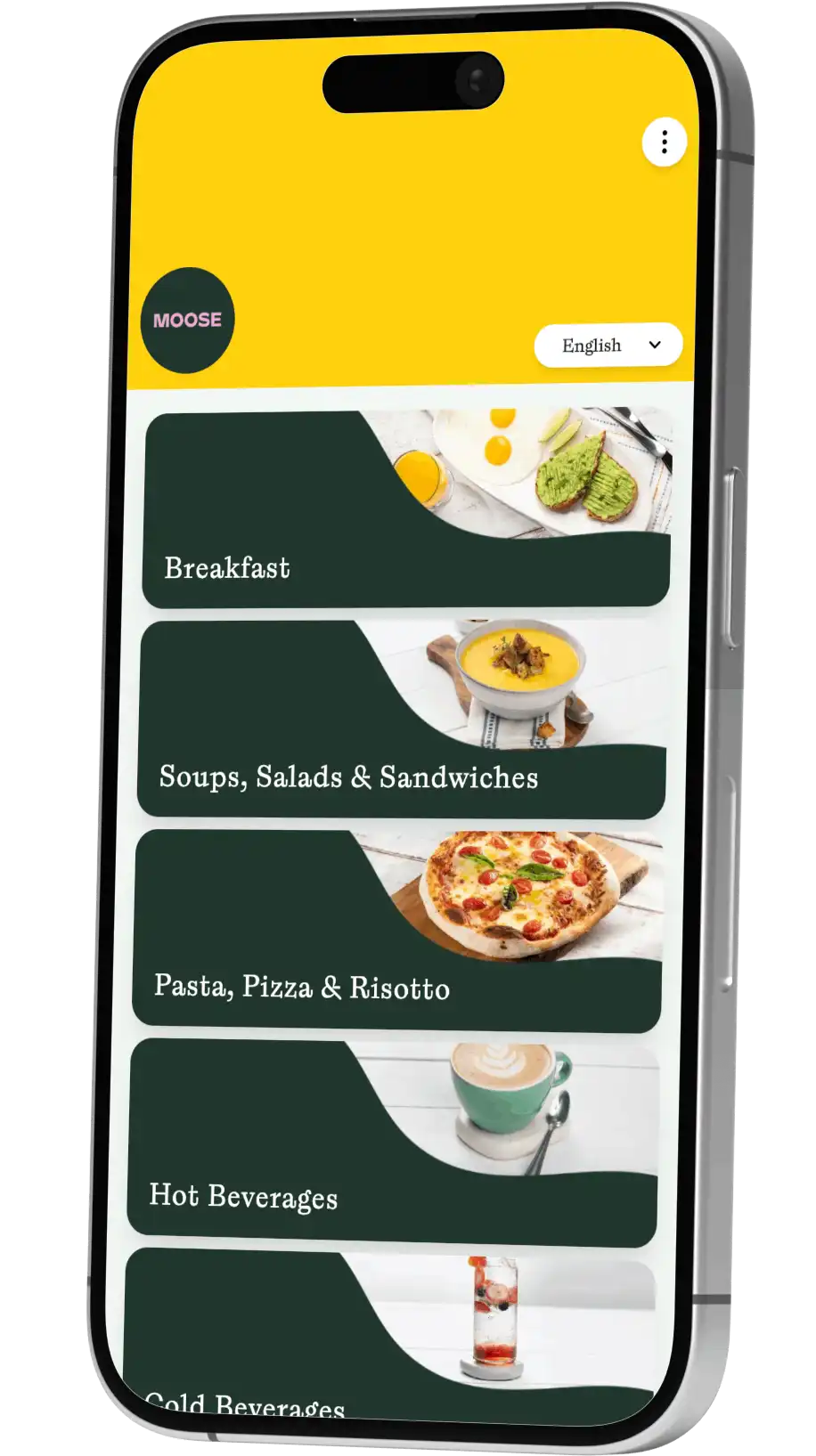 Custom branded digital menu display screenshot mobile mockup.
