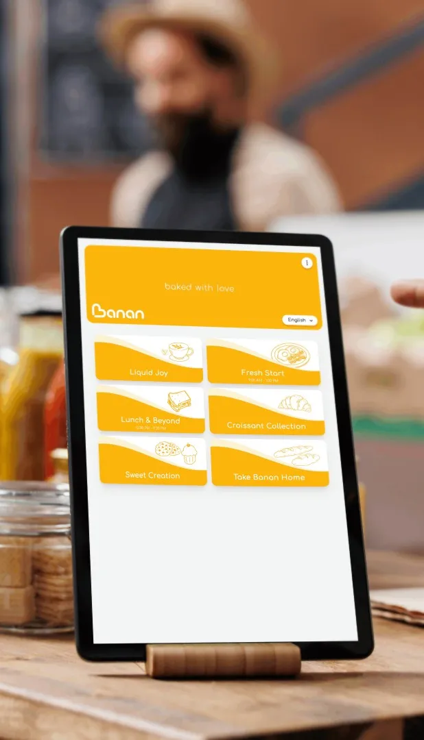Custom tablet menu design in a restaurant's own colours and typography with branding.