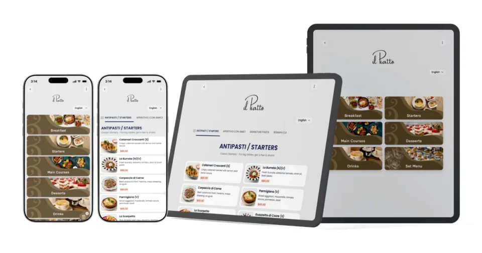 Restaurant digital menu running on a phone and a tablet with the same menu across both devices