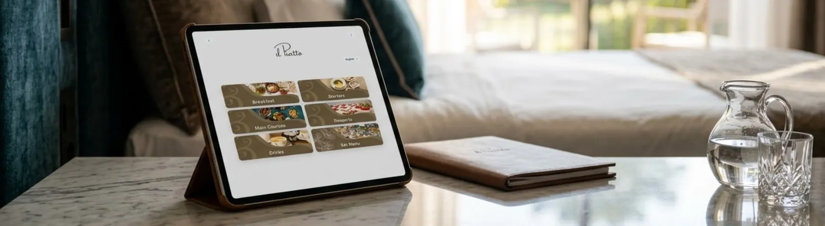 Tablet menu on a stand in a hotel room showing the in-room dining menu